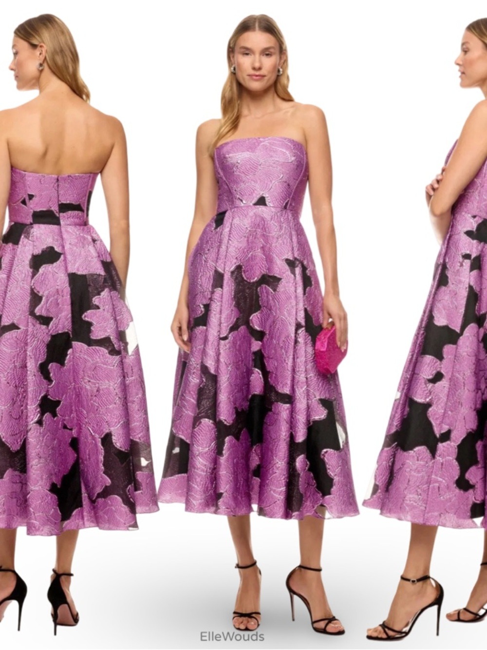 ML Monique Lhuillier Elle Strapless Midi Dress Purple Black $725 Size 4
